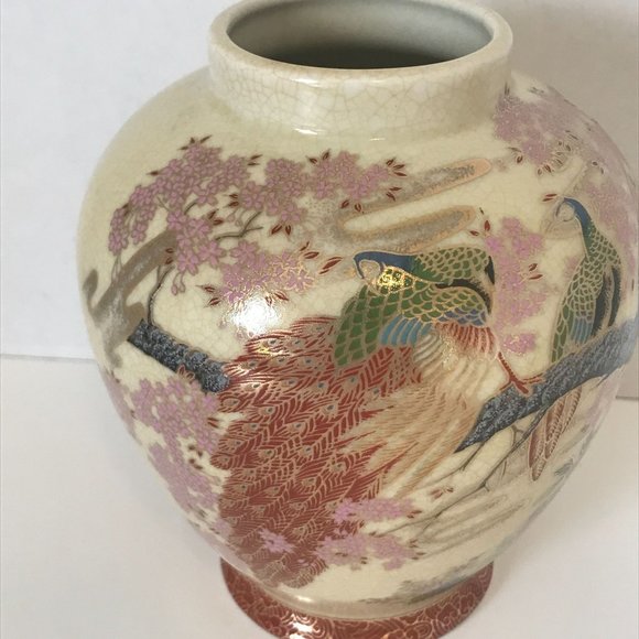Vintage Japanese Vase Planter Peacock Birds and Cherry Blossom Trees Excellent C - Picture 15 of 16